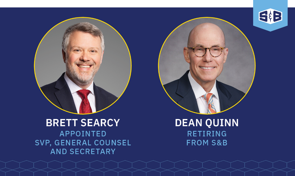 A banner featuring portraits of the new S&B VP Brett Searcy and the former VP Dean Quinn